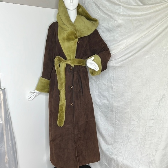 Spasso Sz 44 US 12-14 Italian Full Length 100% Lamb Shearling Coat Brown Green - Picture 1 of 16